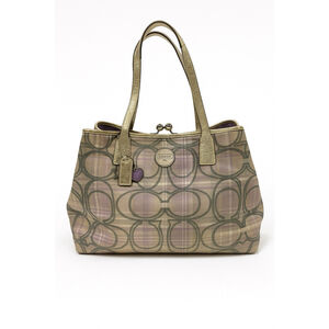 Coach F17213 Signature Plaid Metallic Tote Bag Gold Leather Trim Kisslock Purse